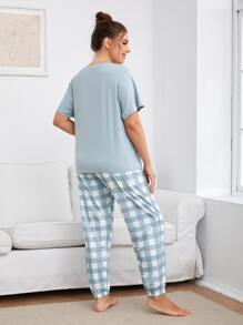 Plus Slogan Graphic Tee & Buffalo Plaid Trousers PJ Set - Blue and White - View 2