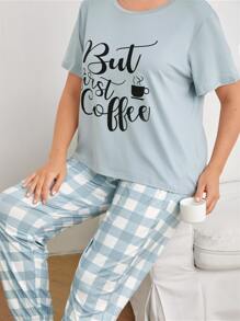 Plus Slogan Graphic Tee & Buffalo Plaid Trousers PJ Set - Blue and White - View 3