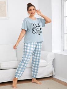 Plus Slogan Graphic Tee & Buffalo Plaid Trousers PJ Set - Blue and White - View 4