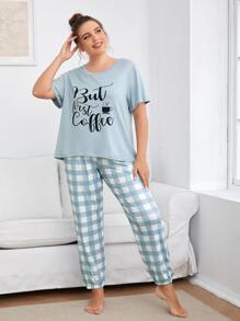 Plus Slogan Graphic Tee & Buffalo Plaid Trousers PJ Set - Blue and White - View 5