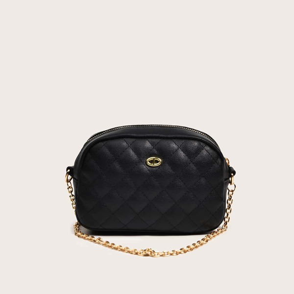 

Metal Decor Quilted Pattern Chain Dome Bag, Black
