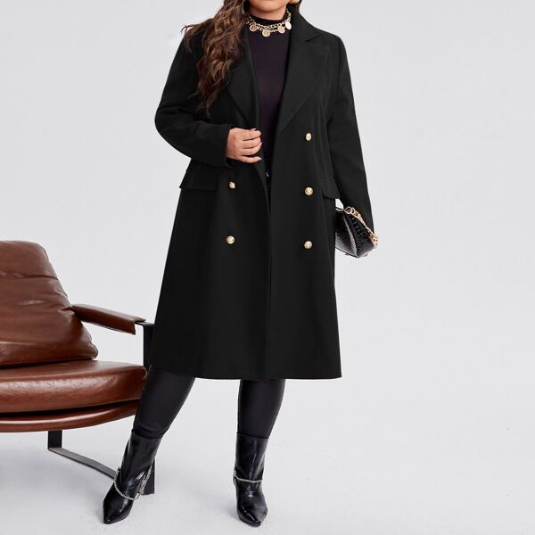 

Plus Lapel Neck Double Breasted Overcoat, Black