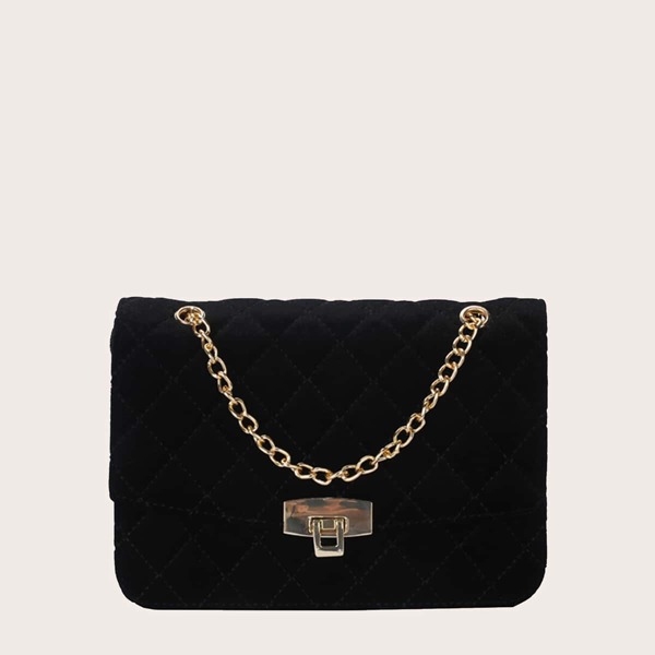 

Quilted Pattern Chain Flap Square Bag, Black