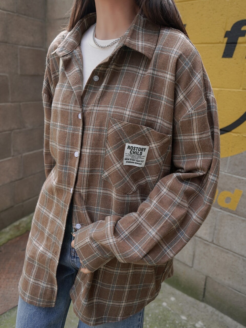 Plaid Slogan Patched Detail Pocket Front Drop Shoulder Shirt
