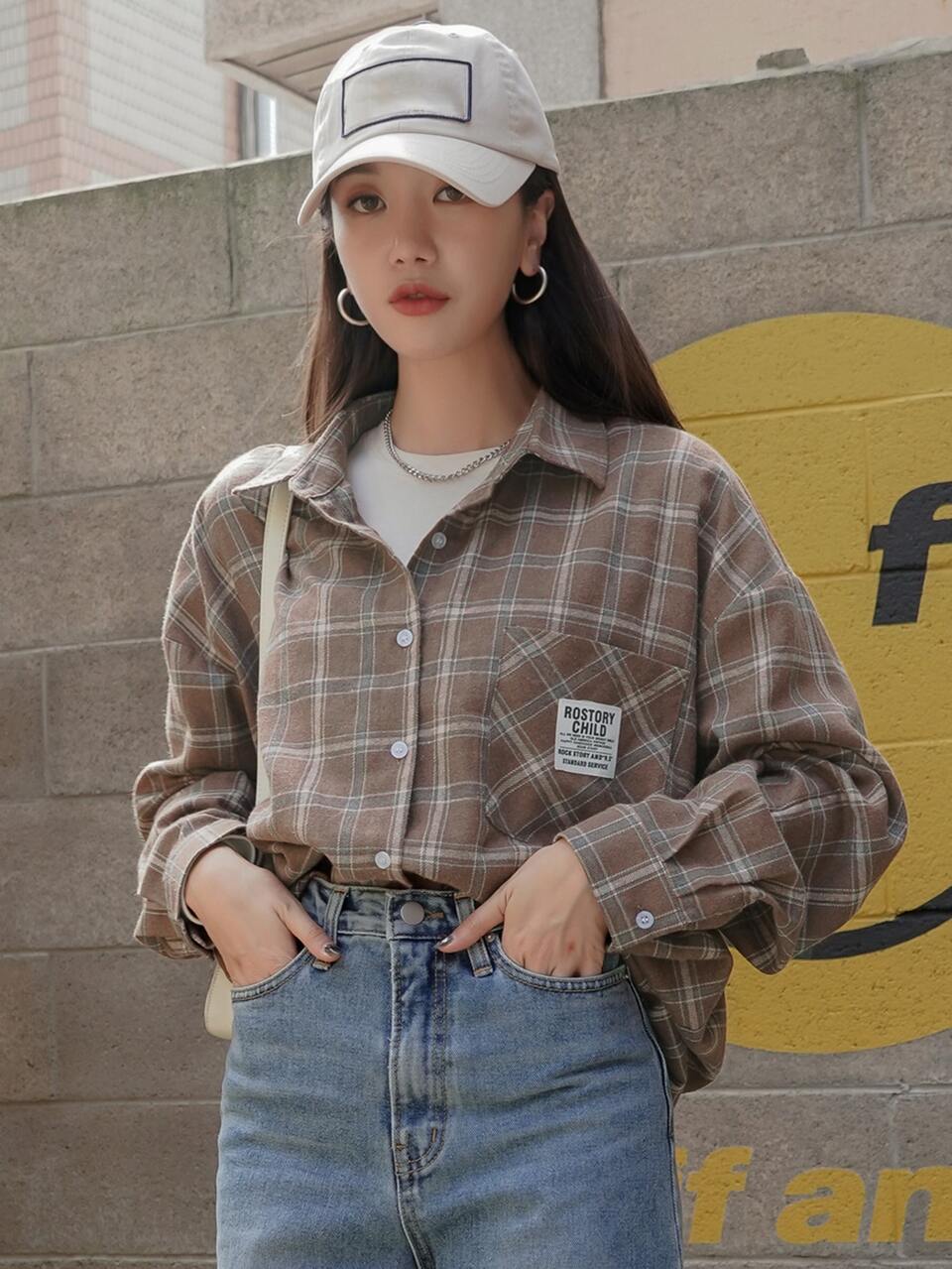 Plaid Slogan Patched Detail Pocket Front Drop Shoulder Shirt