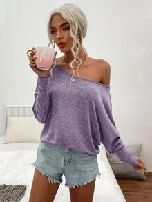 SHEIN LUNE Solid Boat Neck Tee - Mauve Purple - View 3