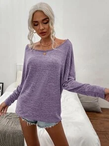 SHEIN LUNE Solid Boat Neck Tee - Mauve Purple - View 6