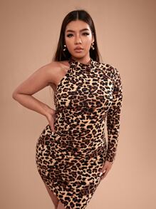 SHEIN SXY Plus Leopard Mock Neck Asymmetrical Hem Bodycon Dress - Multicolor - View 4