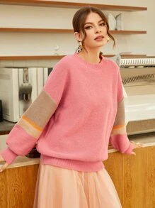 SHEIN Suéter amplio manga de rayas - Rosa - Ver 1