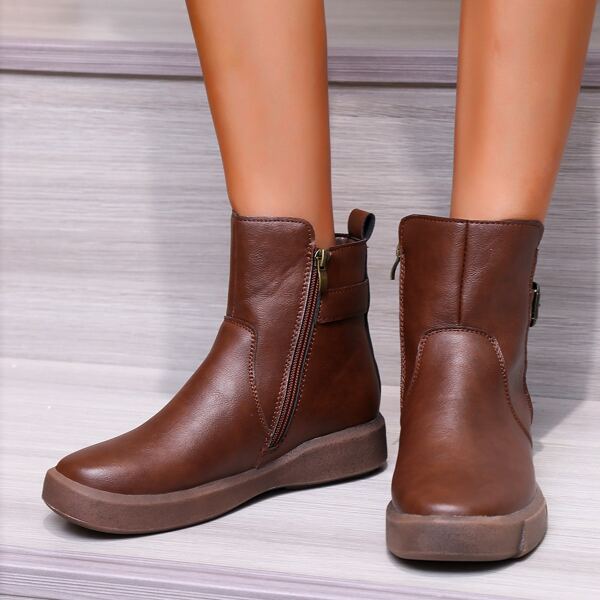 

Vintage Design Side Zipper Ankle Boots, Brown