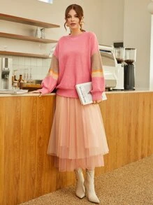 SHEIN Suéter amplio manga de rayas - Rosa - Ver 3