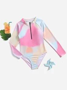 Girls Tie Dye Zipper Front One Piece Swimsuit - Multicolor - View 1