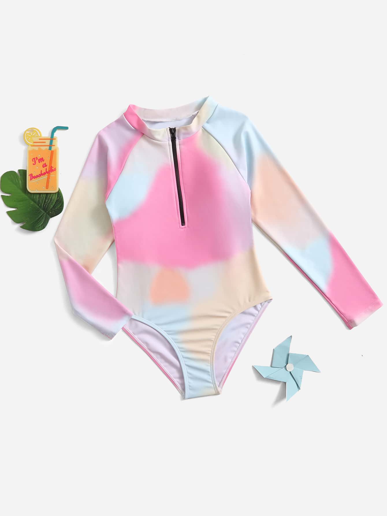 Girls Tie Dye Zipper Front One Piece Swimsuit - Multicolor - View 1