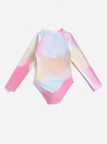 Girls Tie Dye Zipper Front One Piece Swimsuit - Multicolor - View 2