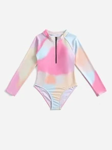 Girls Tie Dye Zipper Front One Piece Swimsuit - Multicolor - View 3