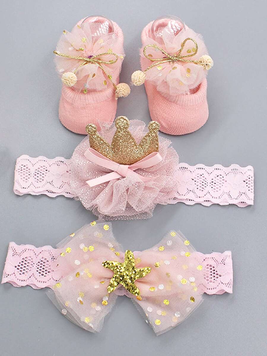 2 cái nơ Baby Knot Headband & 1pair Socks - Hồng - Xem 1