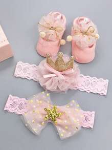 2 cái nơ Baby Knot Headband & 1pair Socks - Hồng - Xem 2