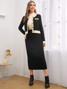 BizChic Contrast Trim Button Front Cardigan Workwear - Black - View 3