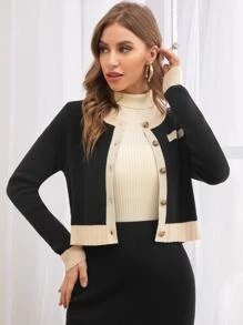 BizChic Contrast Trim Button Front Cardigan Workwear - Black - View 4