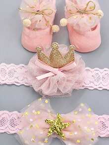 2 cái nơ Baby Knot Headband & 1pair Socks - Hồng - Xem 3