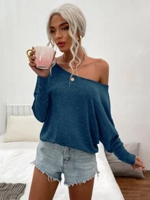 SHEIN LUNE Áo thun nữ màu trơn Giải trí - Màu xanh ngọc - Xem 1