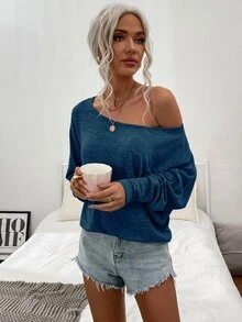 SHEIN LUNE Áo thun nữ màu trơn Giải trí - Màu xanh ngọc - Xem 4