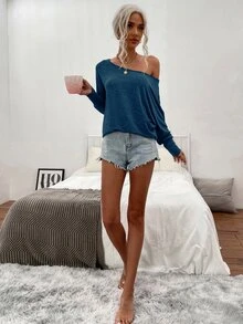 SHEIN LUNE Áo thun nữ màu trơn Giải trí - Màu xanh ngọc - Xem 5