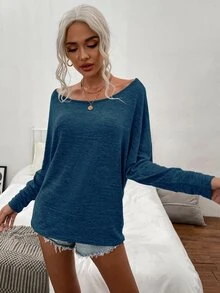 SHEIN LUNE Áo thun nữ màu trơn Giải trí - Màu xanh ngọc - Xem 6