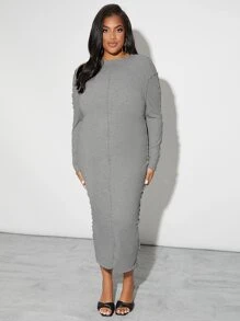 SHEIN SXY Đầm Plus Size Xù nhỏ màu trơn Thanh lịch - Xám - Xem 1