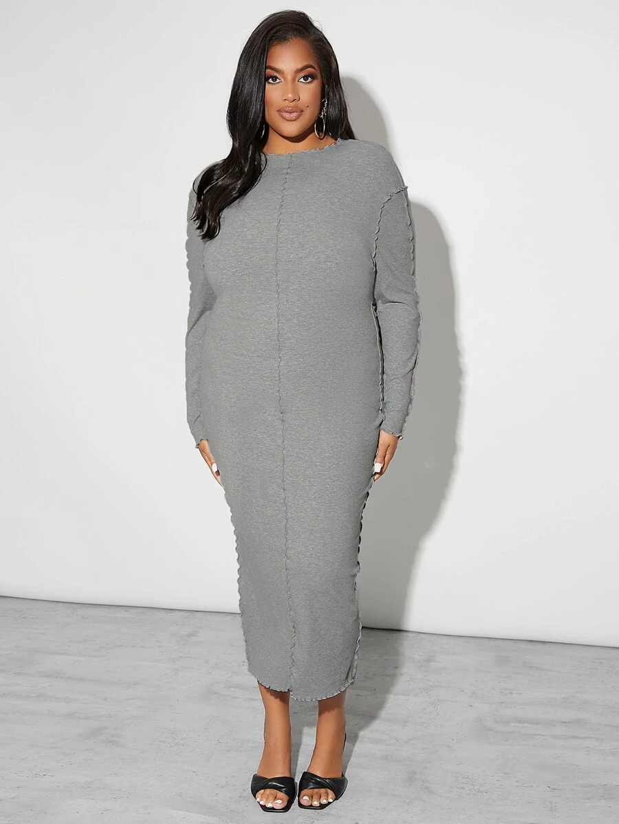 SHEIN SXY Đầm Plus Size Xù nhỏ màu trơn Thanh lịch - Xám - Xem 1