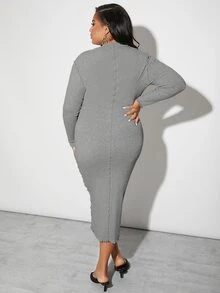 SHEIN SXY Đầm Plus Size Xù nhỏ màu trơn Thanh lịch - Xám - Xem 2