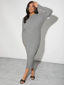 SHEIN SXY Đầm Plus Size Xù nhỏ màu trơn Thanh lịch - Xám - Xem 3