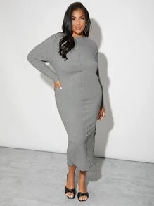 SHEIN SXY Đầm Plus Size Xù nhỏ màu trơn Thanh lịch - Xám - Xem 4