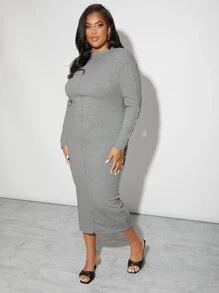 SHEIN SXY Đầm Plus Size Xù nhỏ màu trơn Thanh lịch - Xám - Xem 5