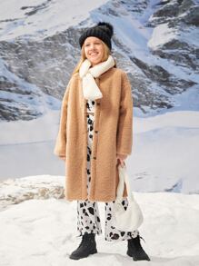 SHEIN Girls Drop Shoulder Teddy Coat Without Scarf - Camel - View 1