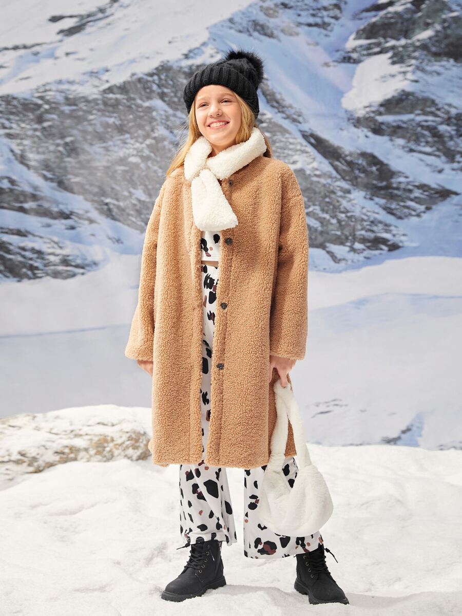 SHEIN Girls Drop Shoulder Teddy Coat Without Scarf - Camel - View 1