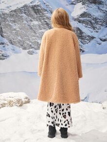 SHEIN Girls Drop Shoulder Teddy Coat Without Scarf - Camel - View 2