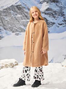 SHEIN Girls Drop Shoulder Teddy Coat Without Scarf - Camel - View 3