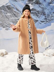 SHEIN Girls Drop Shoulder Teddy Coat Without Scarf - Camel - View 4