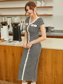 Modelyn 千鳥格單排釦後背開衩緊身連衣裙 - 黑與白 - 查看 4