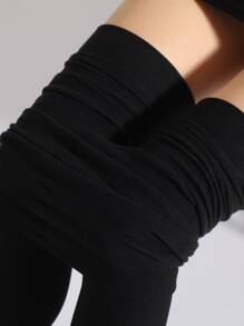 1pc Women's Solid Color Fashionable 1200D Thermal Lined Elastic Cropped Tight Pantyhose, Tights - Black - View 2