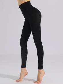 1pc Women's Solid Color Fashionable 1200D Thermal Lined Elastic Cropped Tight Pantyhose, Tights - Black - View 4