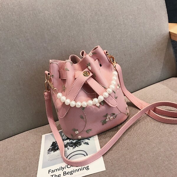 

Flower Embroidery Faux Pearl Decor Bucket Bag, Pink
