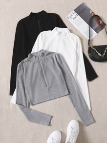 SHEIN Unity 3入組1/4拉鍊短款緊身T恤 - 彩色 - 查看 1