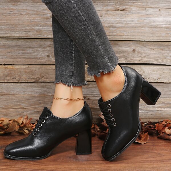 

Lace-up Front Chunky Booties, Black
