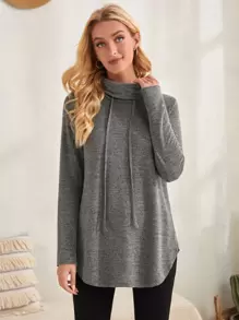 EMERY ROSE 煙囪領抽繩連帽T恤 - 深灰色 - 查看 1