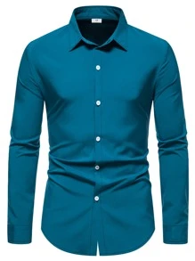 Manfinity Mode Men Solid Collared Button Up Shirt - Teal Blue - View 1