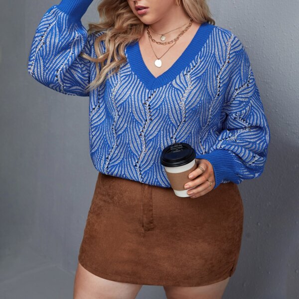 

Plus V-Neck Drop Shoulder Sweater, Blue