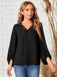 SHEIN Áo sơ mi nữ Tương phản ren màu trơn Giải trí - màu đen - Xem 1