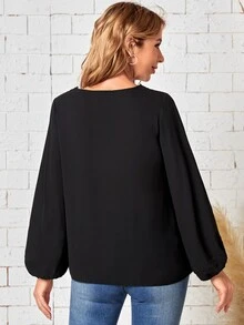 SHEIN Áo sơ mi nữ Tương phản ren màu trơn Giải trí - màu đen - Xem 2